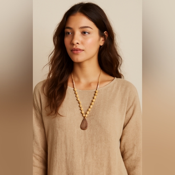 NWT J. Jill Brown Slab Stone Long Boho Adjustable Beaded Necklace - Picture 1 of 8